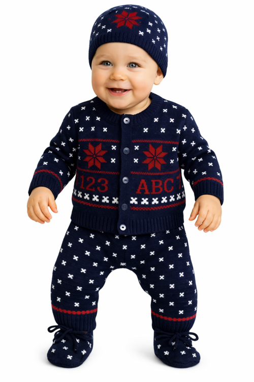Navy Blue Knit Baby Set with Red Snowflakes
